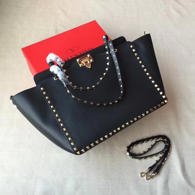 Valentino Shoulder Tote Bags VA1083 Full leather plain black gold nail